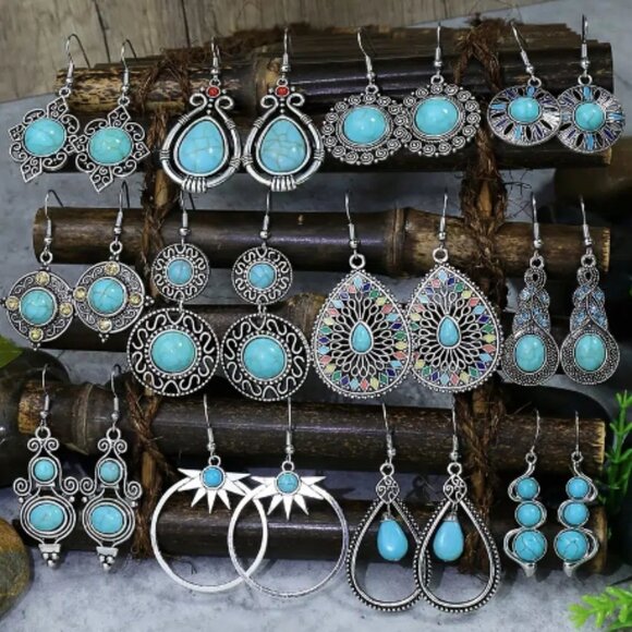 12 Pairs Turquoise Boho Tribal Geometric Earrings - Picture 2 of 12
